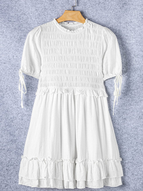 White Tie Ruffle Mini Dress with Puff Sleeves