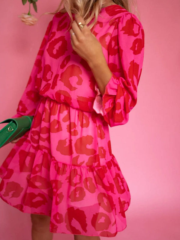Wild Rose Leopard Print Flounce Sleeve Ruffle Mini Dress