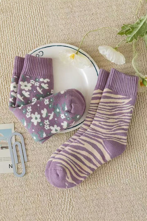 Wisteria Retro Floral Ribbed Cuff Mid-calf Socks