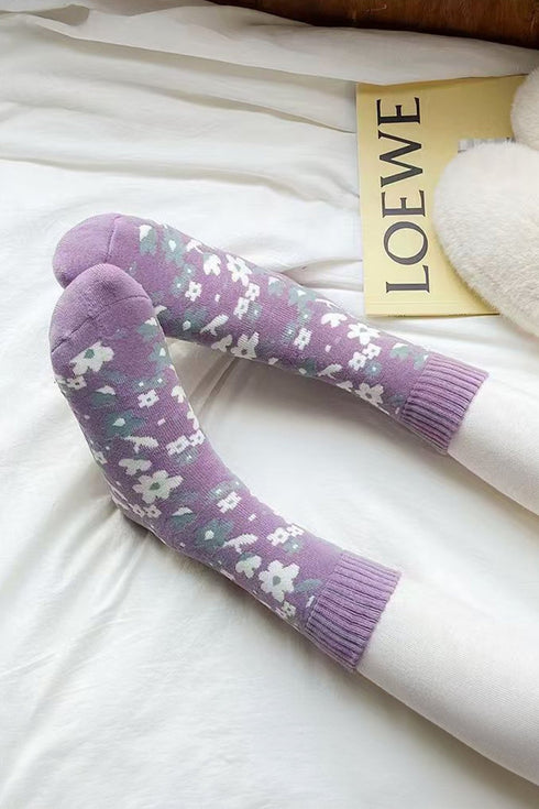 Wisteria Retro Floral Ribbed Cuff Mid-calf Socks