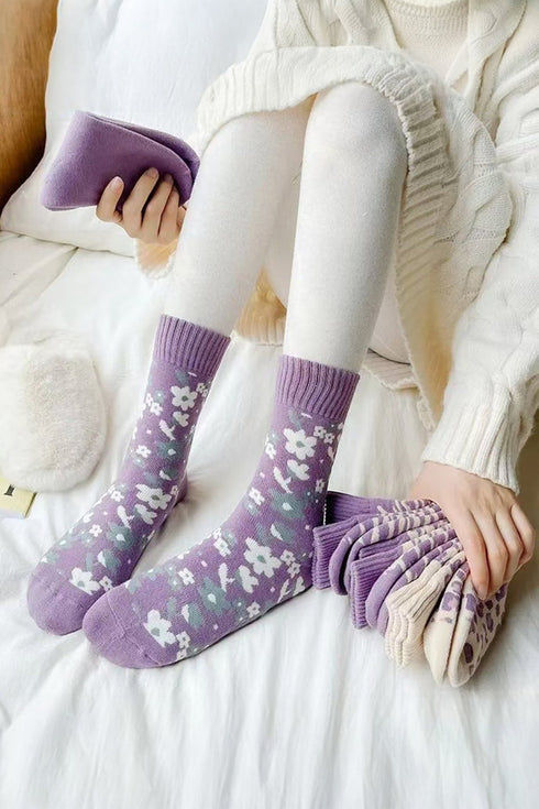 Wisteria Retro Floral Ribbed Cuff Mid-calf Socks