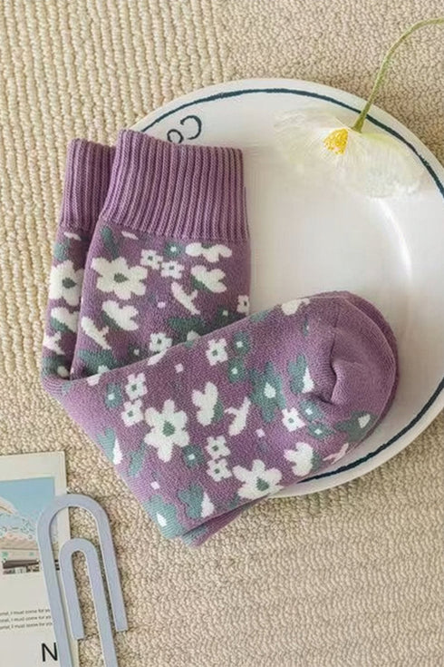 Wisteria Retro Floral Ribbed Cuff Mid-calf Socks