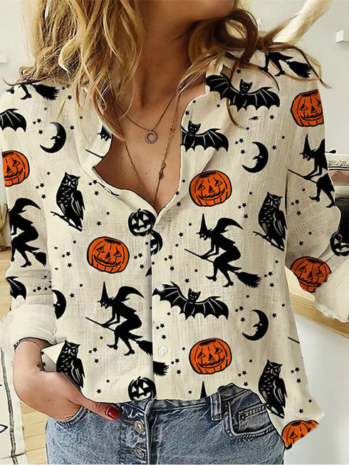 Witch Bat Pumpkin Print Long Sleeve Blouses