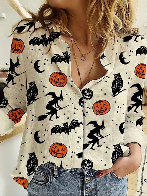 Witch Bat Pumpkin Print Long Sleeve Blouses