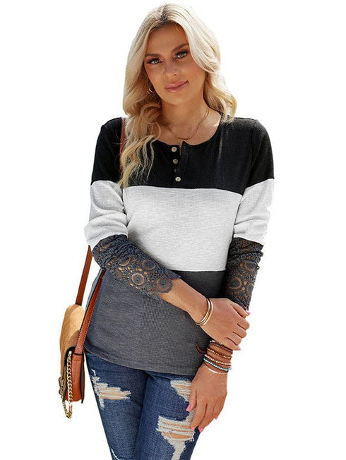 Women's Bamboo Striped Lace Top - Lightweight Contrast Sweater for Everyday Comfort