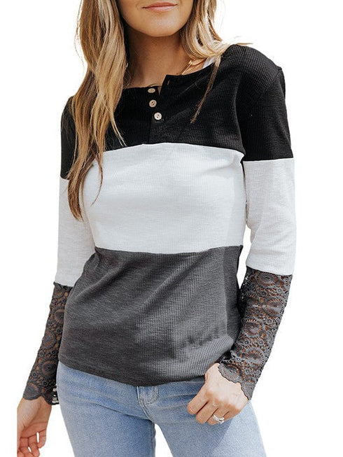 Women's Bamboo Striped Lace Top - Lightweight Contrast Sweater for Everyday Comfort