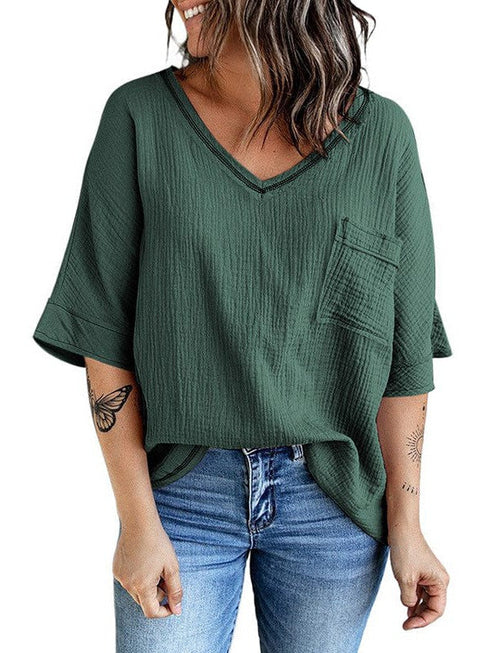 Women's Casual Cotton V-Neck Pullover Shirt with Solid Color Half Sleeves