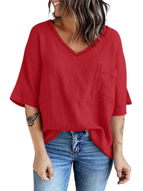 Women's Casual Cotton V-Neck Pullover Shirt with Solid Color Half Sleeves