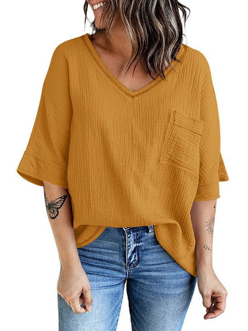 Women's Casual Cotton V-Neck Pullover Shirt with Solid Color Half Sleeves