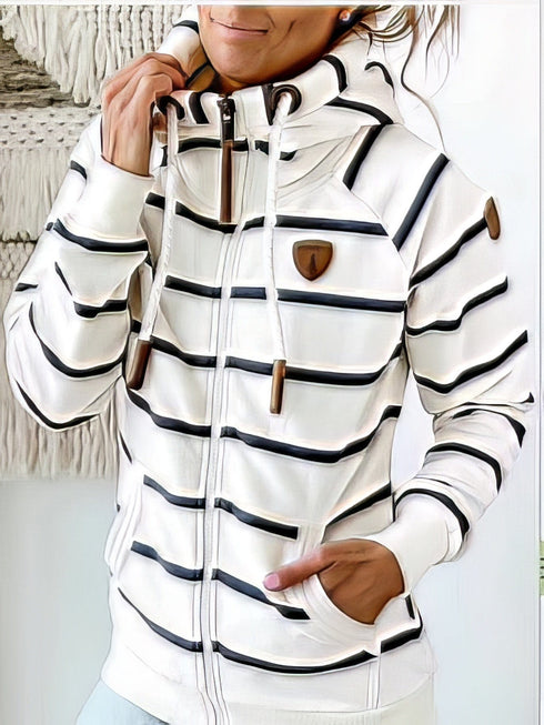 Women's Coffee Striped Leather Zip Hoodie with Functional Pockets