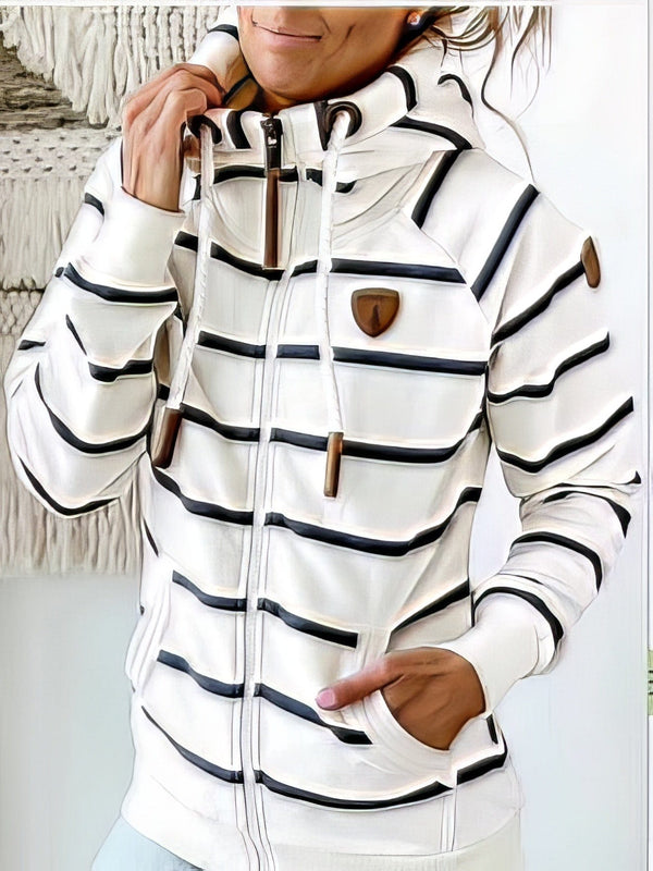 Women's Coffee Striped Leather Zip Hoodie with Functional Pockets
