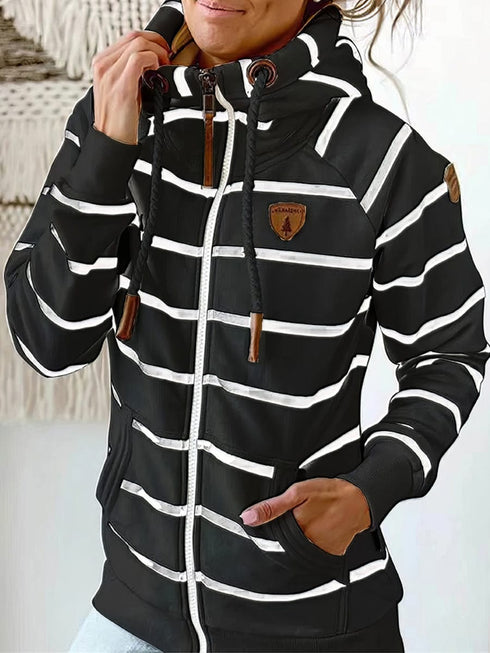 Women's Coffee Striped Leather Zip Hoodie with Functional Pockets