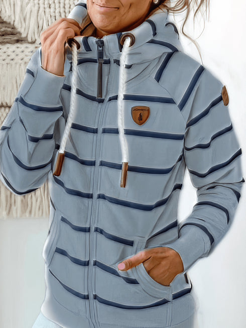 Women's Coffee Striped Leather Zip Hoodie with Functional Pockets