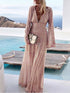 Women's Dress - A Line Dress Wedding Guest Maxi long Dress Beige Long Sleeve Solid Color Sequins Fall Winter V Neck Stylish Elegant Formal Party S M L XL / Party Dress