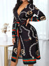 Women's Dresses Deep V-Neck Printed Lace Long Sleeve Dress