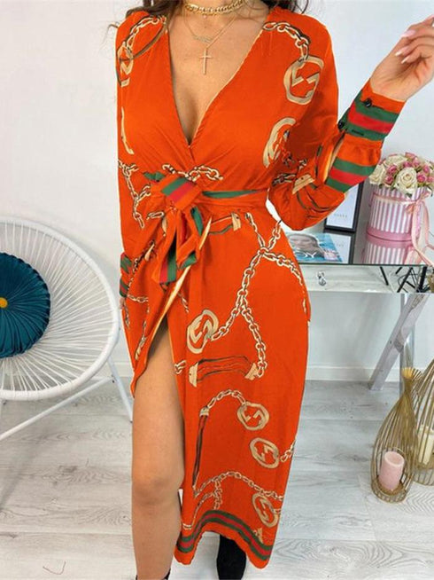 Women's Dresses Deep V-Neck Printed Lace Long Sleeve Dress