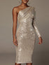 Women's Dresses Fashion Sequined One-Shoulder Wrap-Up Evening Dress