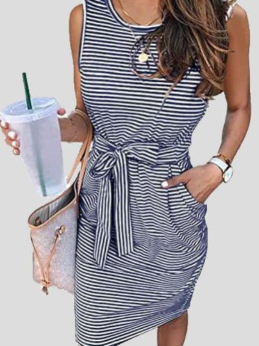 Women's Dresses Sleeveless Striped Belted Pocket Tank Dress
