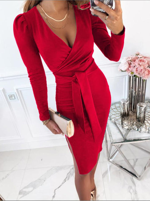 Women's Dresses V-Neck Commuter Tie Long Sleeve Slit Dress
