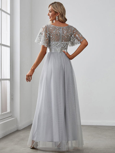 Women's Elegant Embroidered A-Line Floor Length Evening Dress