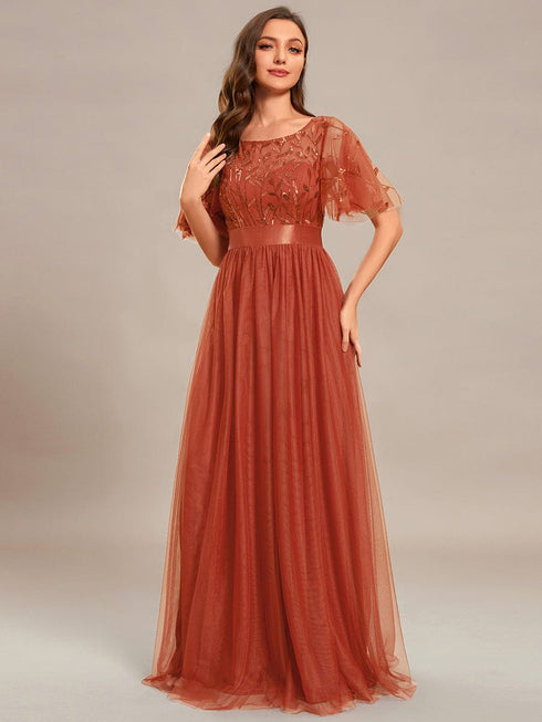 Women's Elegant Embroidered A-Line Floor Length Evening Dress