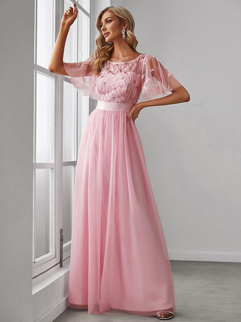 Women's Elegant Embroidered A-Line Floor Length Evening Dress