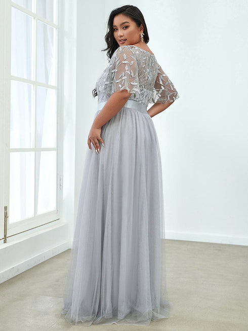 Women's Elegant Embroidered A-Line Floor Length Evening Dress