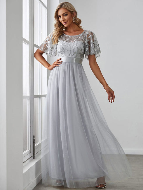Women's Elegant Embroidered A-Line Floor Length Evening Dress