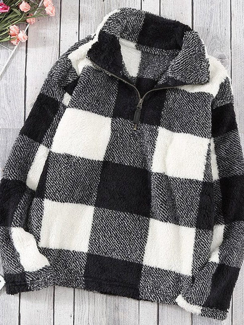Women's Fashion Plaid Printed Zip-Up Plush Sweatshirt for Ladies