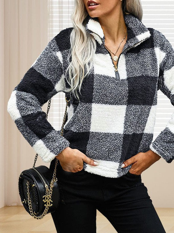 Women's Fashion Plaid Printed Zip-Up Plush Sweatshirt for Ladies