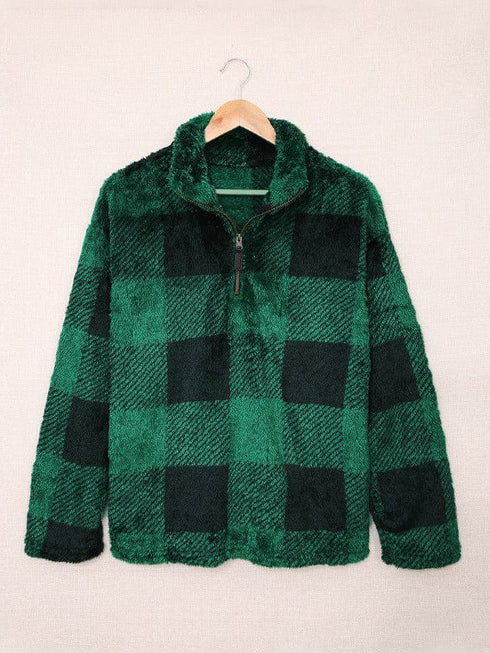 Women's Fashion Plaid Printed Zip-Up Plush Sweatshirt for Ladies