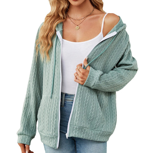 Women's hooded drawstring zipper long sleeve loose knitted jacket