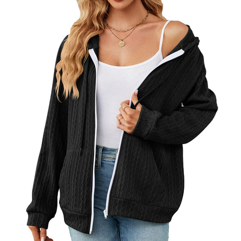 Women's hooded drawstring zipper long sleeve loose knitted jacket