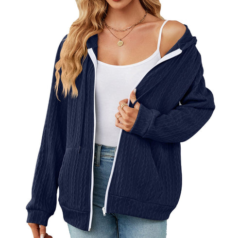 Women's hooded drawstring zipper long sleeve loose knitted jacket