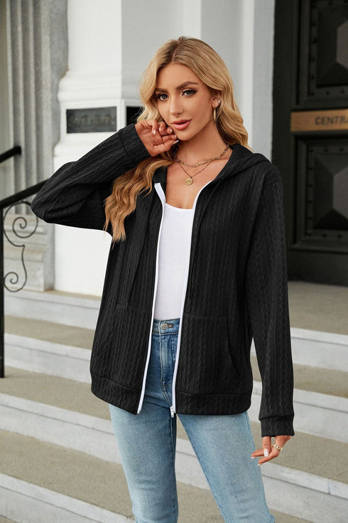 Women's hooded drawstring zipper long sleeve loose knitted jacket