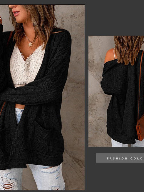 Women's Long Sleeve Cardigan Sweater with Solid Color and Pockets