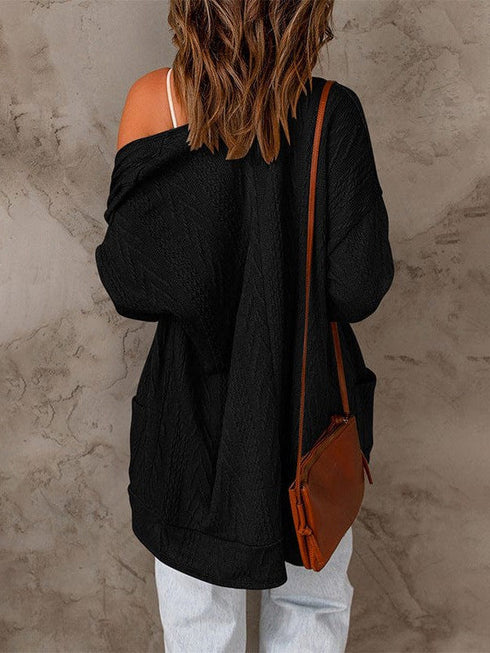 Women's Long Sleeve Cardigan Sweater with Solid Color and Pockets