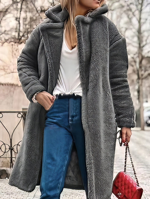 Women's Long Sleeve Lapel Collar Plush Lamb Hair Winter Coat