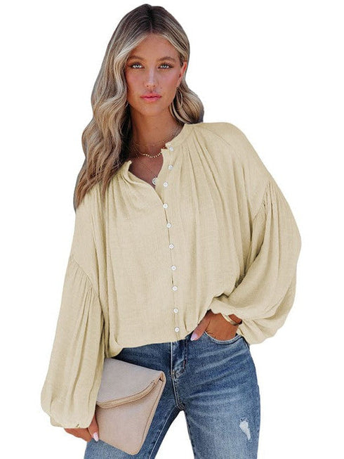 Women's Loose Balloon Sleeve V-Neck Blouse in Solid Color