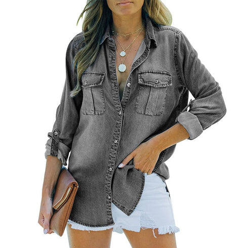 Women's Loose Fit Long-Sleeve Denim Shirt with Frayed Edge
