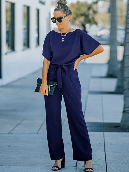 Women's Loose Waist Wide Leg Jumpsuit Set with Back Buttons