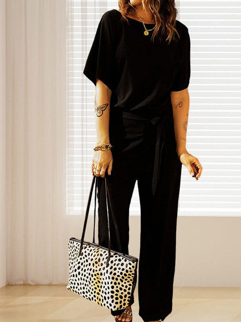 Women's Loose Waist Wide Leg Jumpsuit Set with Back Buttons