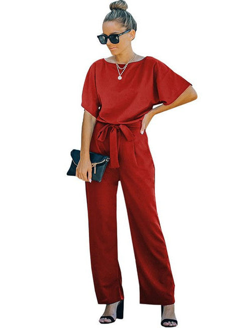 Women's Loose Waist Wide Leg Jumpsuit Set with Back Buttons