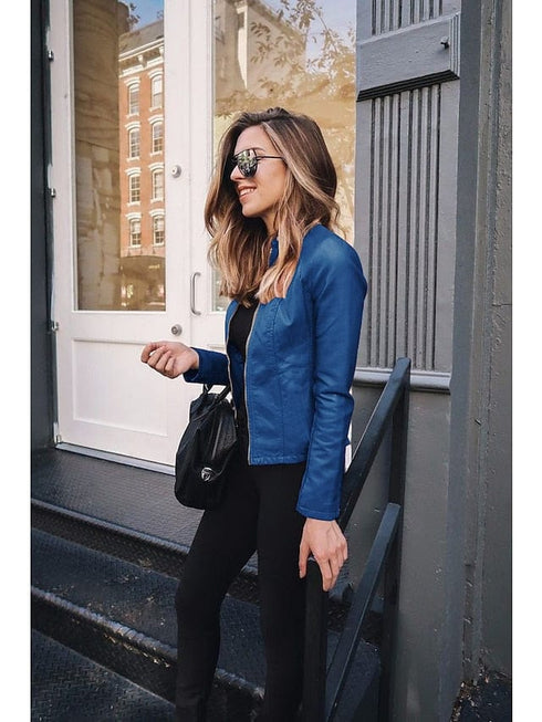 Women's Pink and Navy Faux Leather Moto Jacket with Zipper