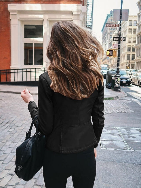 Women's Pink and Navy Faux Leather Moto Jacket with Zipper