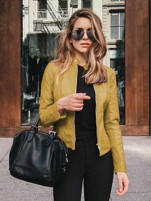 Women's Pink and Navy Faux Leather Moto Jacket with Zipper