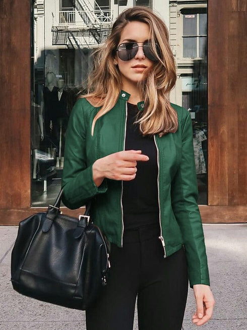 Women's Pink and Navy Faux Leather Moto Jacket with Zipper