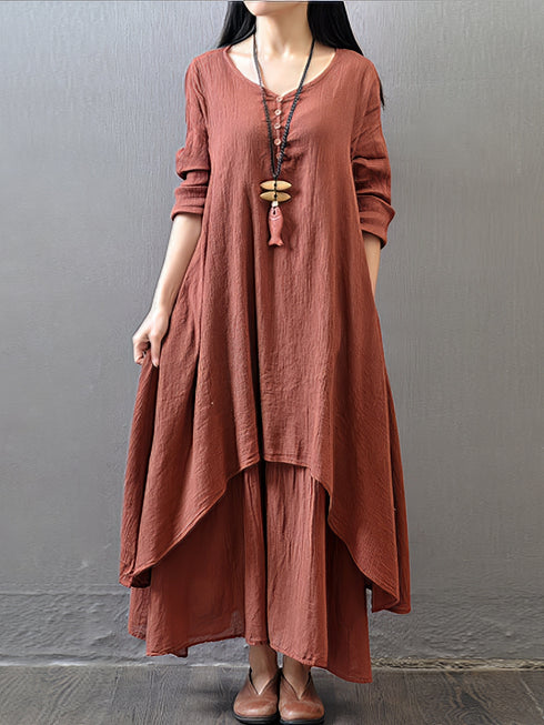 Women's Plus Size Casual Dress Swing Dress Solid Color Long Dress Maxi Dress Long Sleeve Button Fake Two Piece V Neck