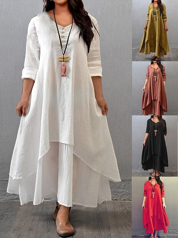 Women's Plus Size Casual Dress Swing Dress Solid Color Long Dress Maxi Dress Long Sleeve Button Fake Two Piece V Neck