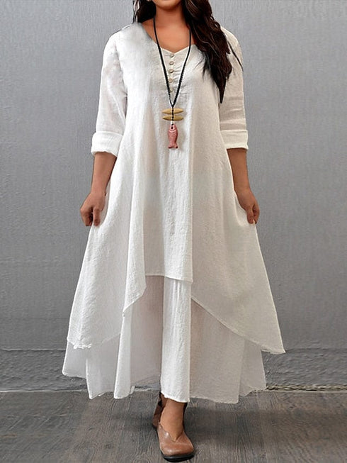 Women's Plus Size Casual Dress Swing Dress Solid Color Long Dress Maxi Dress Long Sleeve Button Fake Two Piece V Neck